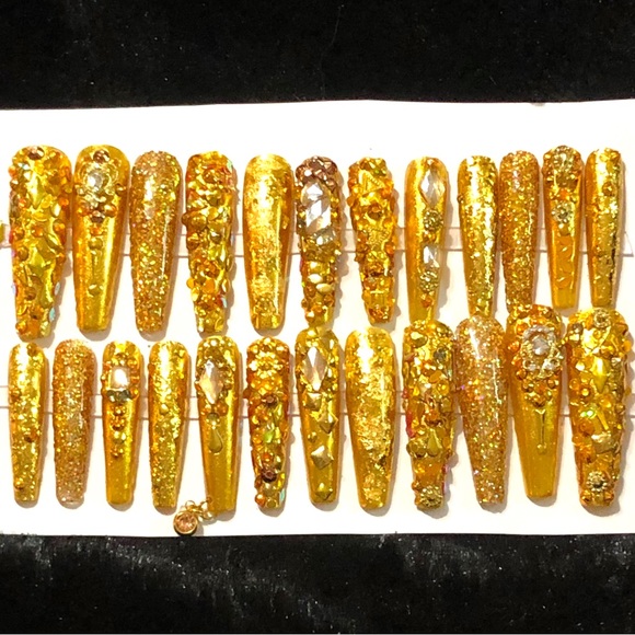 Nola7Nails Other - Handmade Custom Gel Press On Nails XX Long Coffin Gold Bling Piercing Full Set